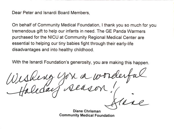 Fresno Community Medical Foundation thanking Isnardi Foundation